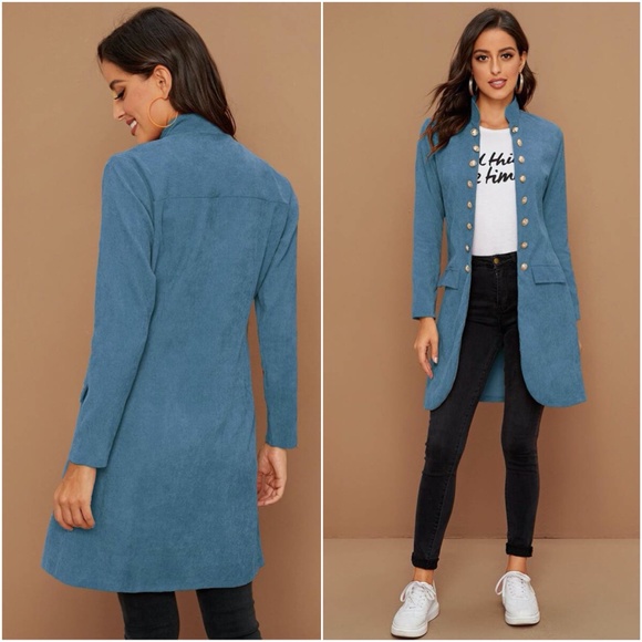 Dusty blue Button closure fall jacket coat - Picture 8 of 12